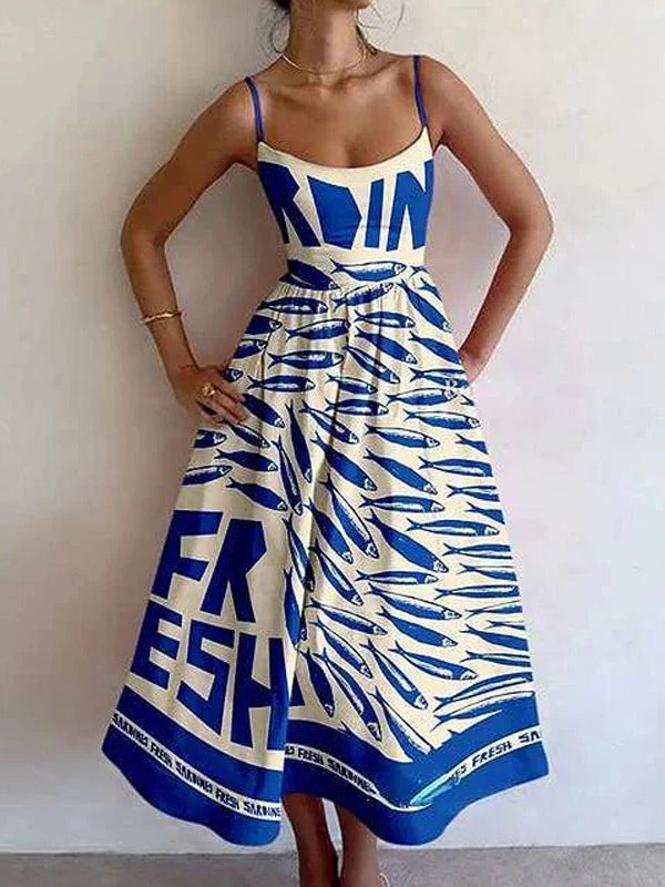 Abito con Bretelle Stampa Vintage Sardine