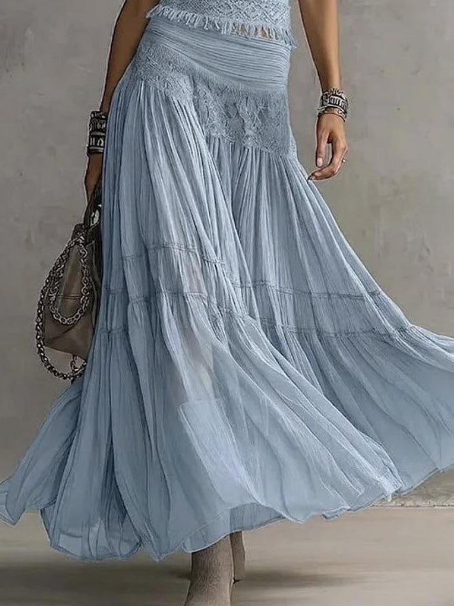 SET TOP IN PIZZO BLU E GONNA MAXI PLISSETTATA