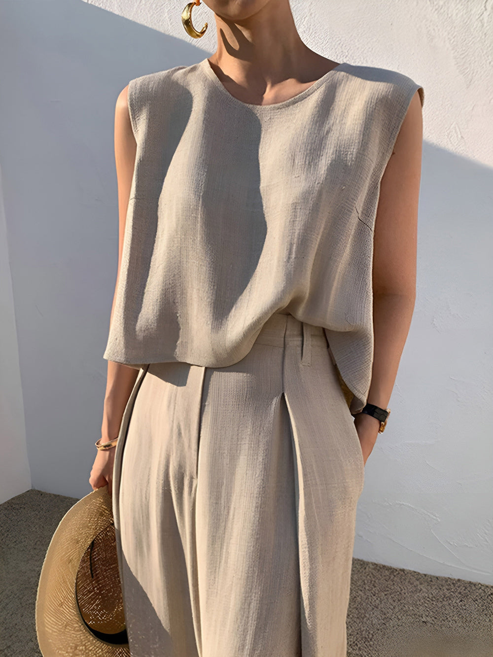 Set di Pantaloni Casual in Mistura di Lino