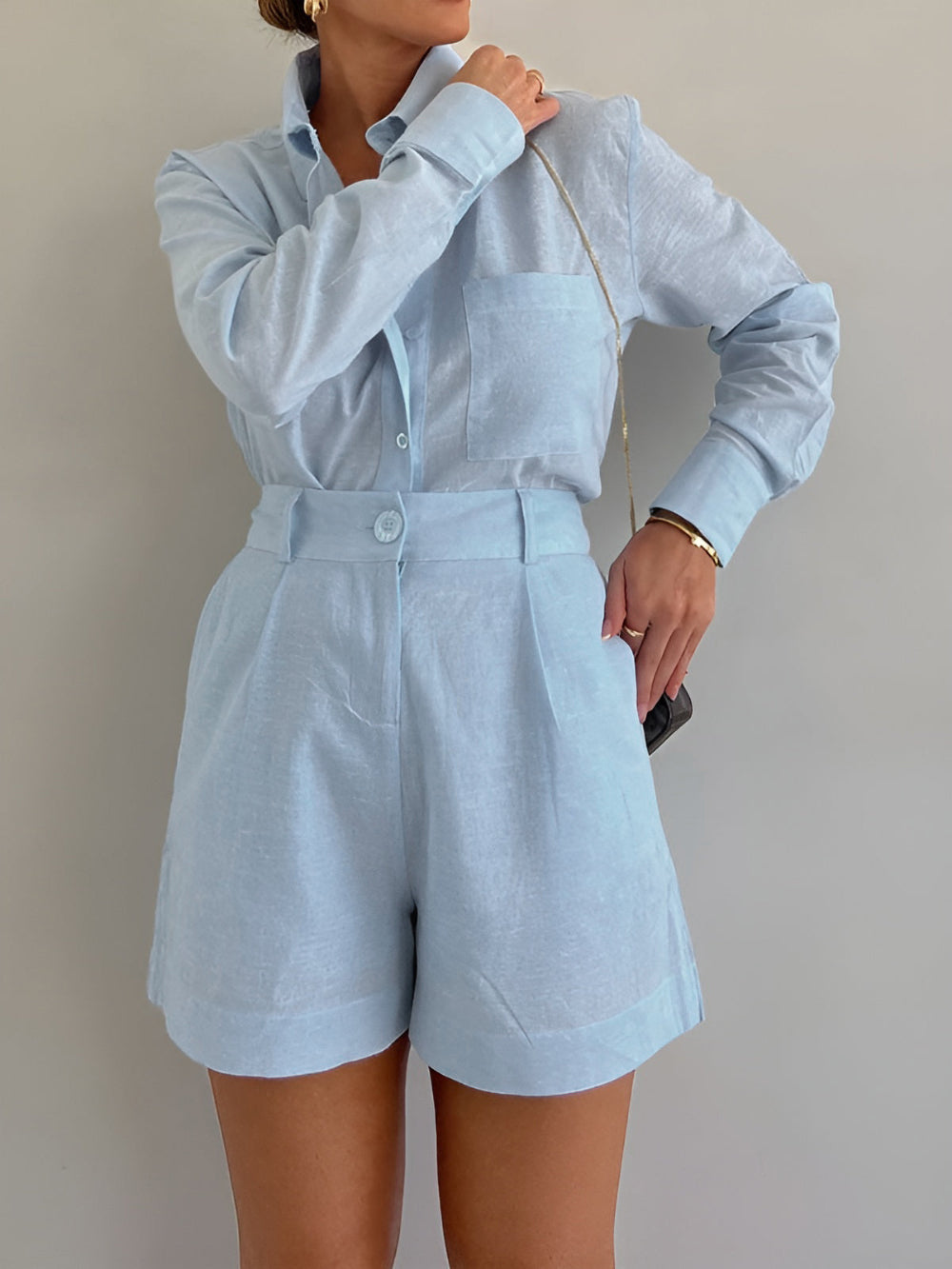 Set di pantaloni corti larghi a maniche lunghe in cotone e lino