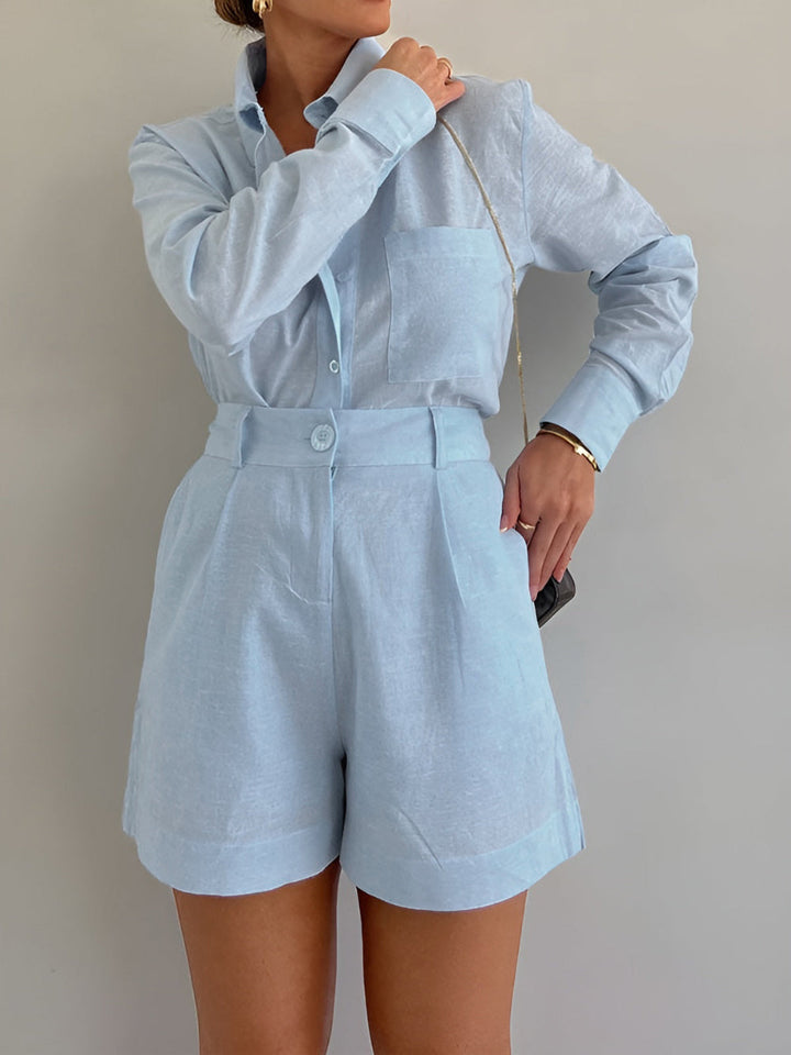 Set di pantaloni corti larghi a maniche lunghe in cotone e lino