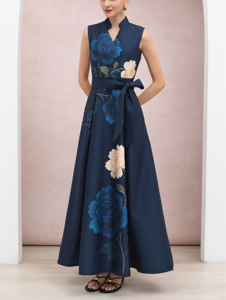 Elegante e Glamour Abito Maxi Senza Maniche con Stampa Peonia e Vita Legata