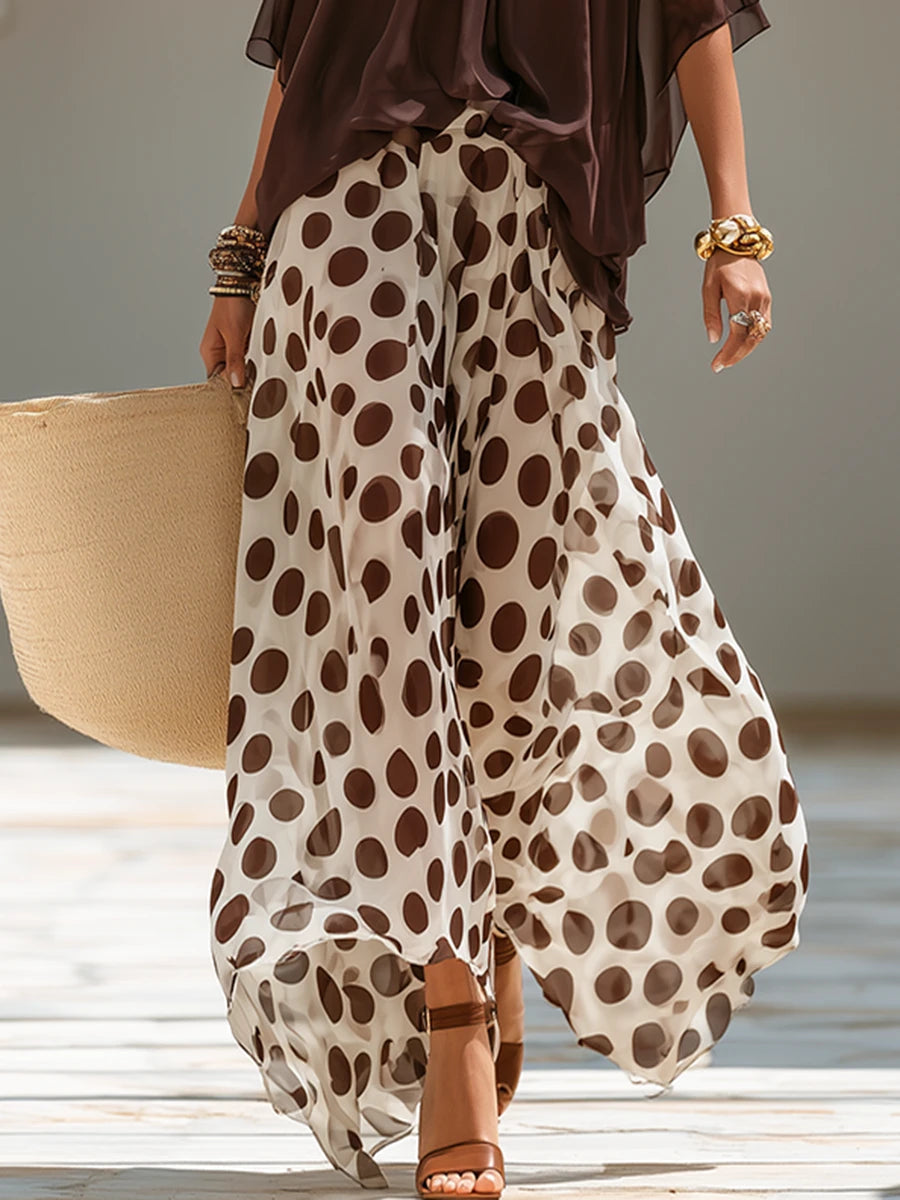 Set di top a maniche corte e pantaloni a gamba larga con pois in chiffon
