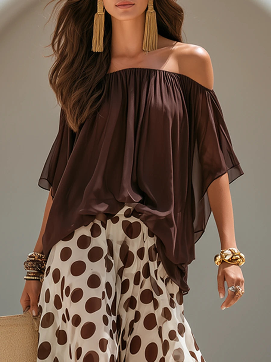 Set di top a maniche corte e pantaloni a gamba larga a pois in chiffon