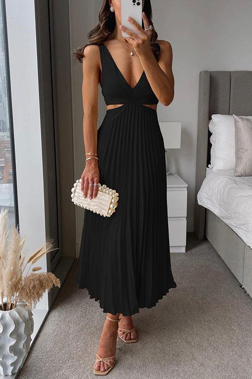 Abito Maxi Senza Maniche Plissettato con Cut Out in Vita a V