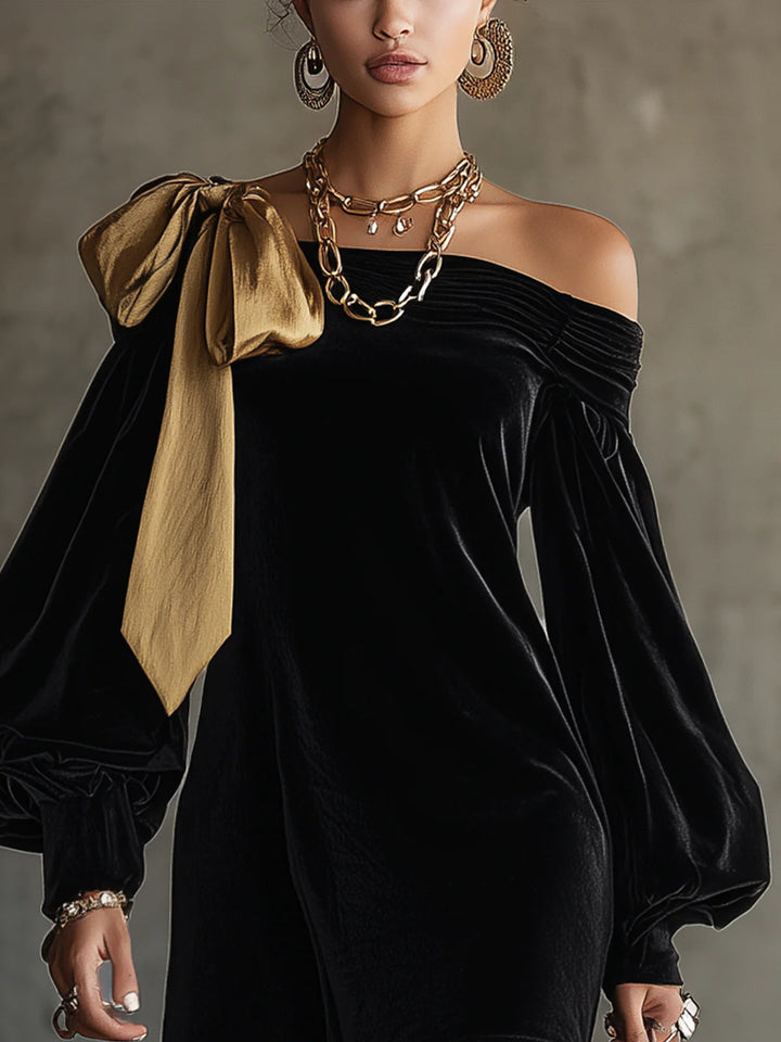 Abito Mini Off The Shoulder in Velluto Nero e Pannelli in Raso Oro