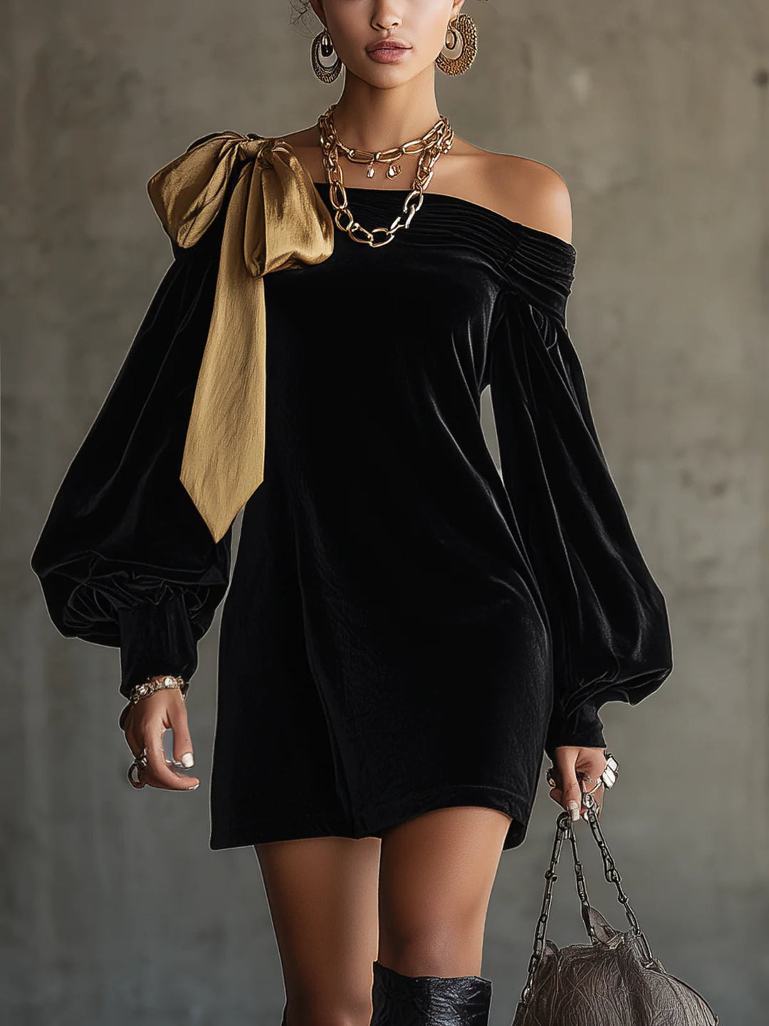 Abito Mini Off The Shoulder in Velluto Nero e Seta Oro a Patchwork