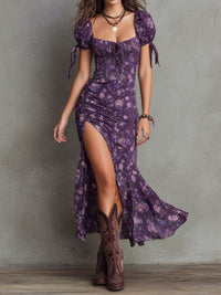 Abito Midi a Maniche Puff con Stampa Floreale Boho