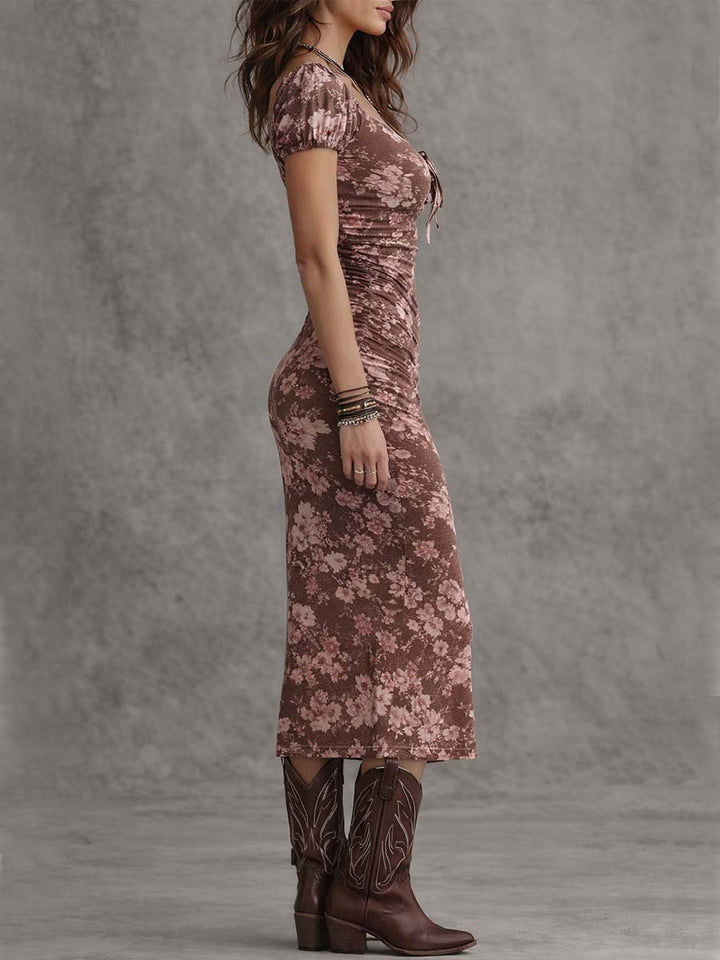 Abito Midi Bodycon con Maniche a Palloncino e Scollo a Cuore