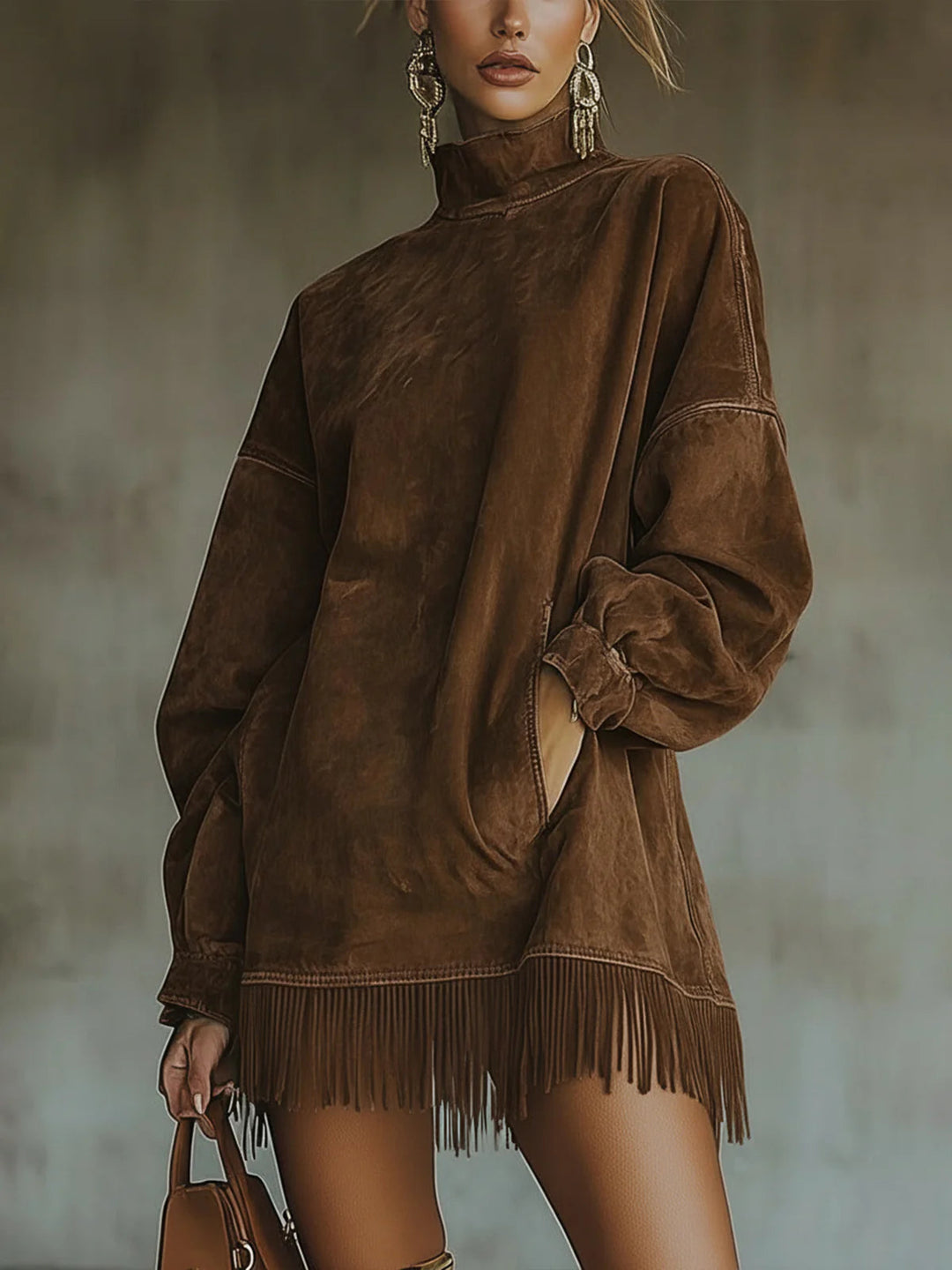 Abito a Collo Alto in Faux Suede con Orlo Frangiato