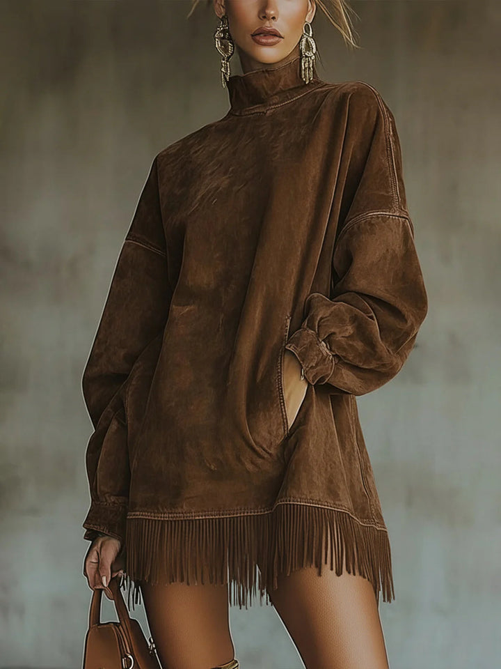Abito a Collo Alto in Faux Suede con Orlo Frangiato