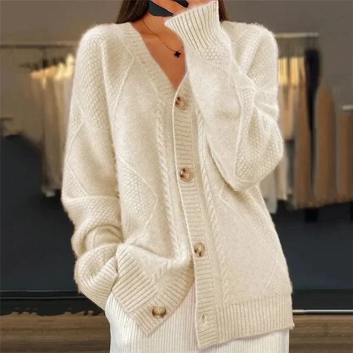 Aaliyah | Cardigan con Bottoni e Scollo a V con Dettaglio a Maglia a Diamante, Strato Quotidiano