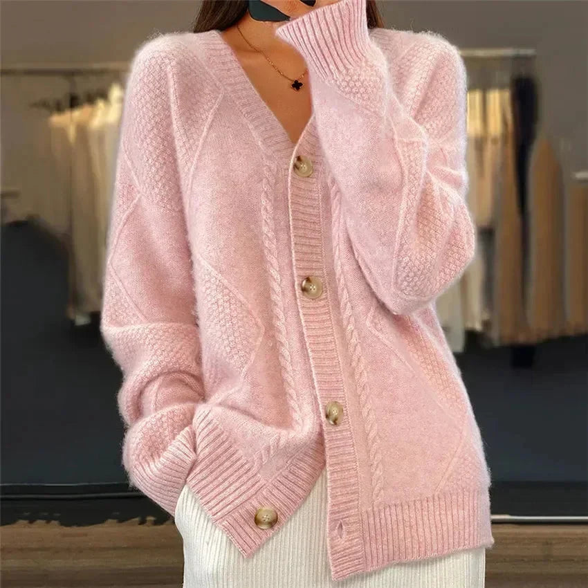 Aaliyah | Cardigan con Bottoni e Scollo a V con Dettaglio a Maglia a Diamante, Strato Quotidiano