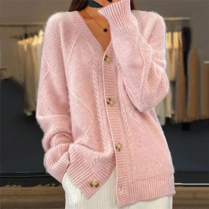 Aaliyah | Cardigan con Bottoni e Scollo a V con Dettaglio a Maglia a Diamante, Strato Quotidiano