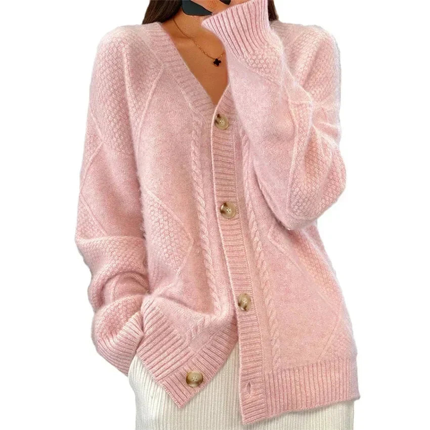 Aaliyah | Cardigan con Bottoni e Scollo a V con Dettaglio a Maglia a Diamante, Strato Quotidiano