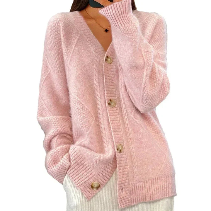 Aaliyah | Cardigan con Bottoni e Scollo a V con Dettaglio a Maglia a Diamante, Strato Quotidiano