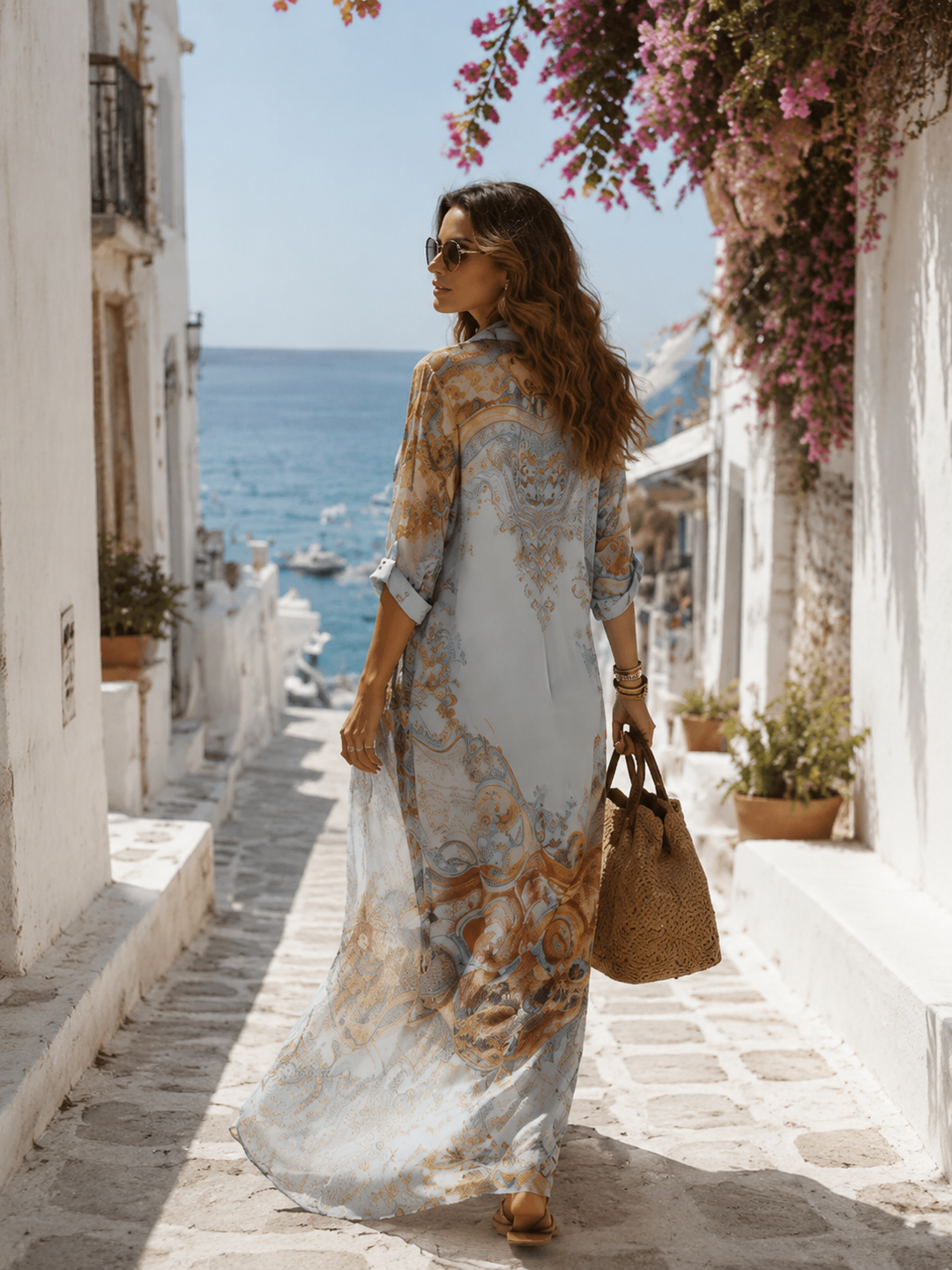 Abito Maxi in Chiffon Blu Stile Barocco