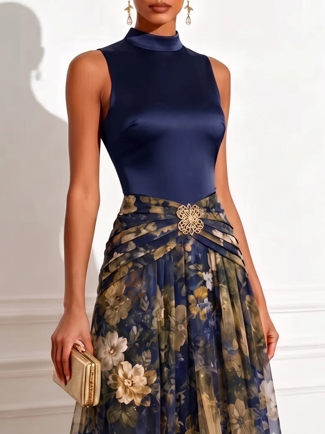 Elegante Abito Maxi Senza Maniche in Chiffon Fiori Blu Navy