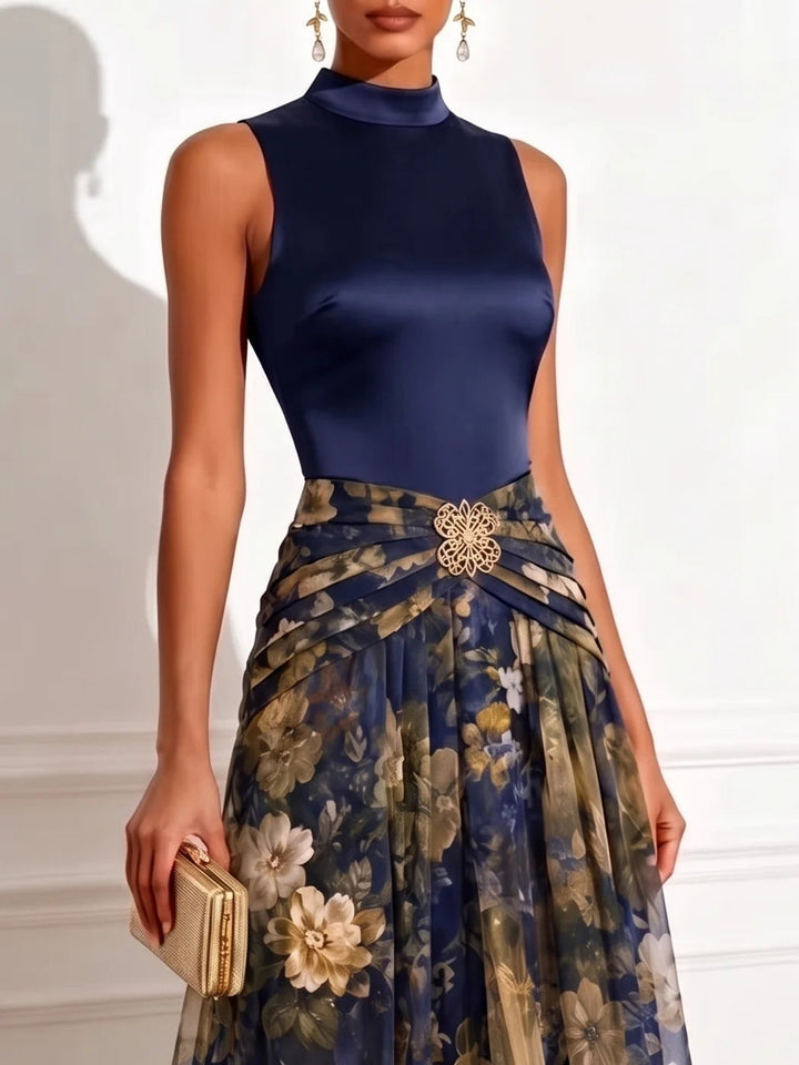 Elegante Abito Maxi Senza Maniche in Chiffon Fiori Blu Navy