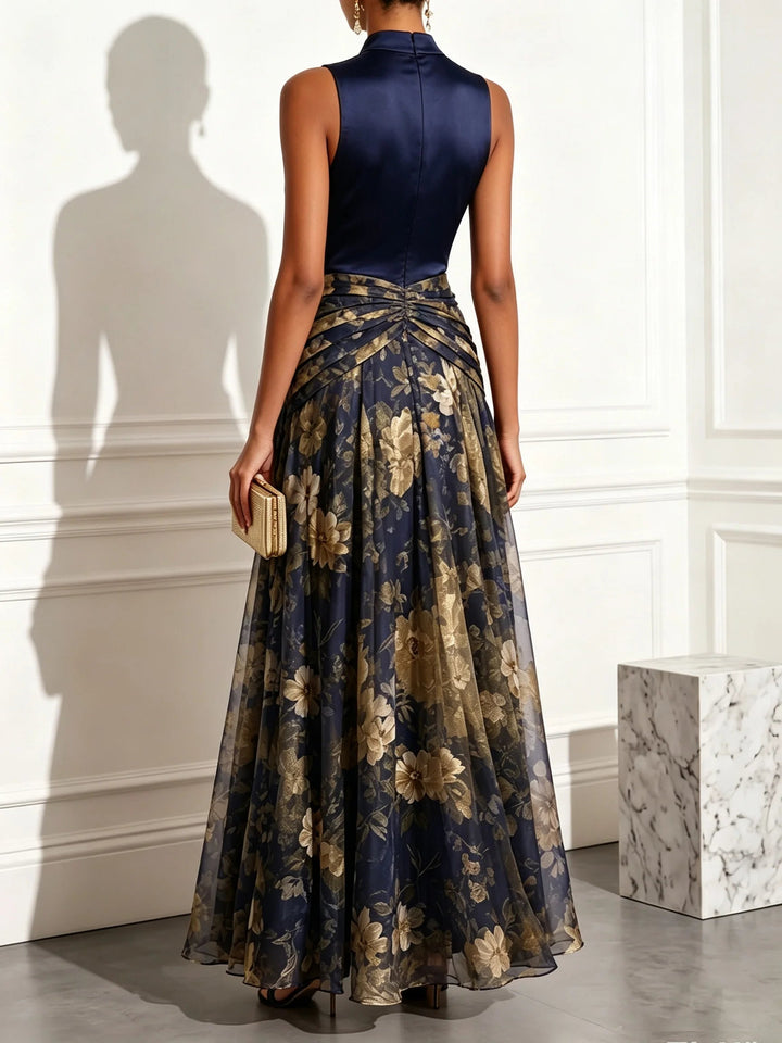 Elegante Abito Maxi Senza Maniche in Chiffon Fiori Blu Navy