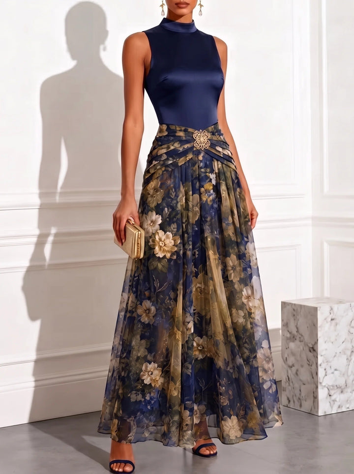 Elegante Abito Maxi Senza Maniche in Chiffon Fiori Blu Navy