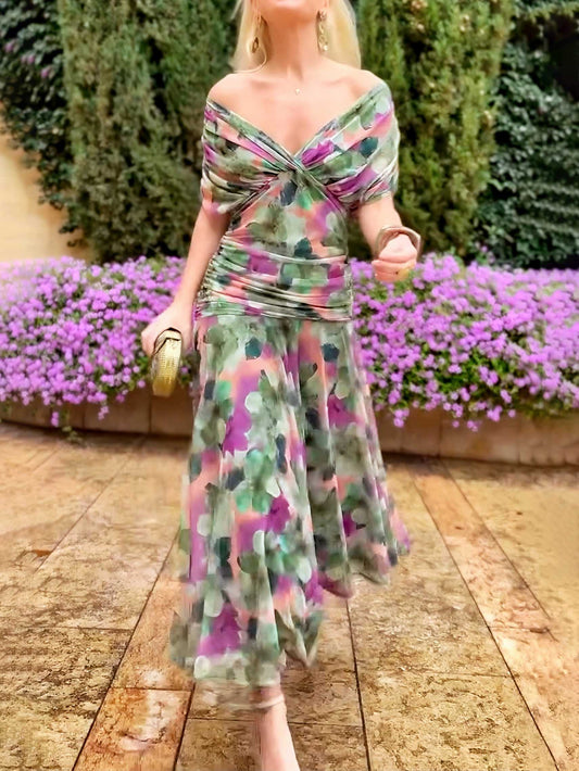Elegante Maxi Dress da Festa con Stampa Floreale Fantasia e Scollo a V