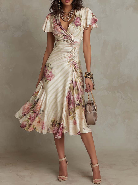 Elegante abito midi in satin floreale vintage