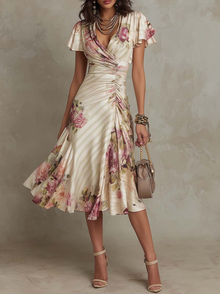 Elegante abito midi in satin floreale vintage