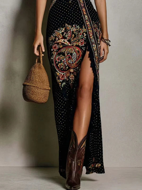 Olivia Vestito Stampato in Stile Bohemien con Scollatura a V Profonda e Apertura Laterale