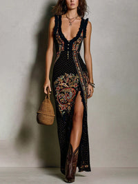Olivia Vestito Stampato in Stile Bohemien con Scollatura a V Profonda e Apertura Laterale