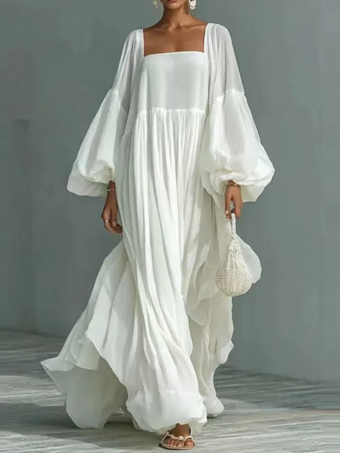 Abito Maxi Loose con Maniche a Puff e Collo Quadrato