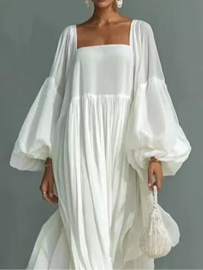 Abito Maxi Loose con Maniche a Puff e Collo Quadrato