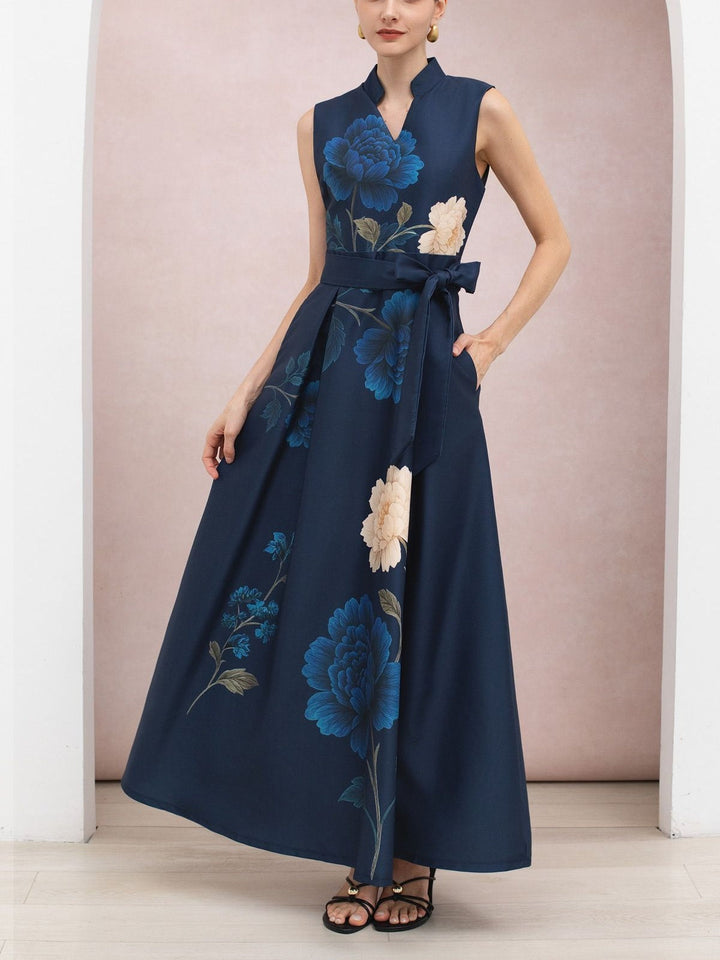 Elegante e Glamour Abito Maxi Senza Maniche con Stampa Peonia e Vita Legata