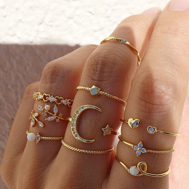 Set di 10 anelli bohemien in argento e oro