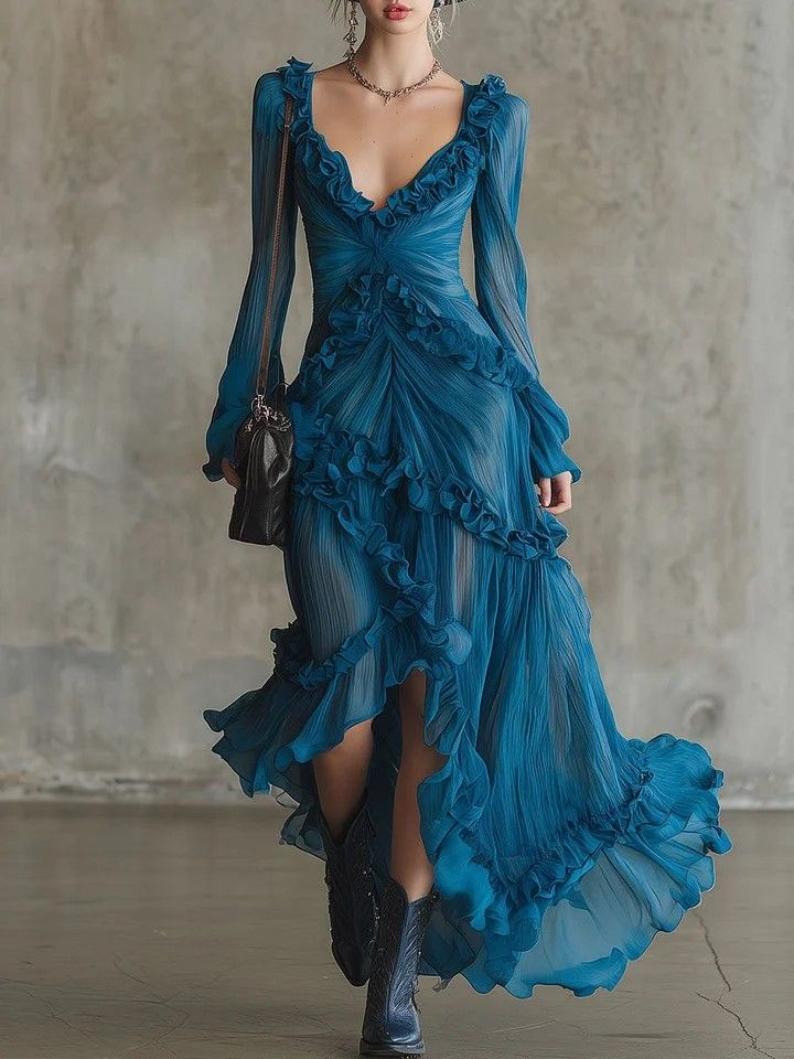 Abito Chiffon Ruffle V-Neck Blu Oceano Bohemien