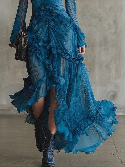 Abito Chiffon Ruffle V-Neck Blu Oceano Bohemien