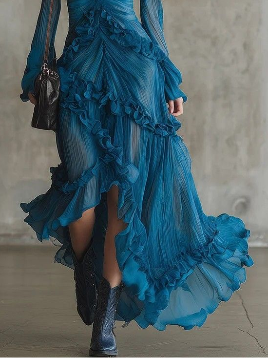 Abito Chiffon Ruffle V-Neck Blu Oceano Bohemien