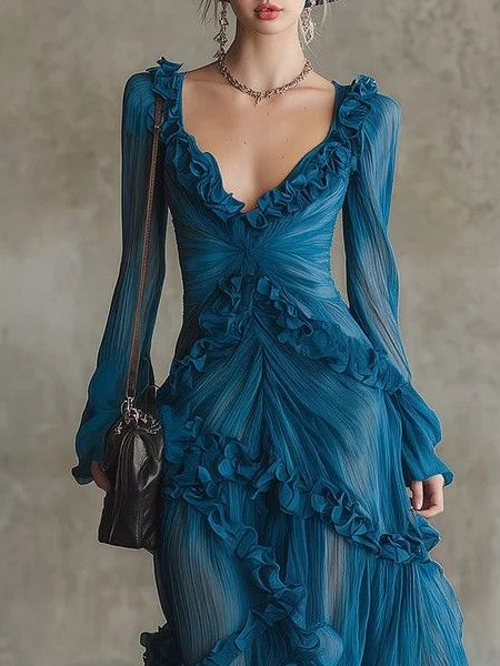 Abito Chiffon Ruffle V-Neck Blu Oceano Bohemien