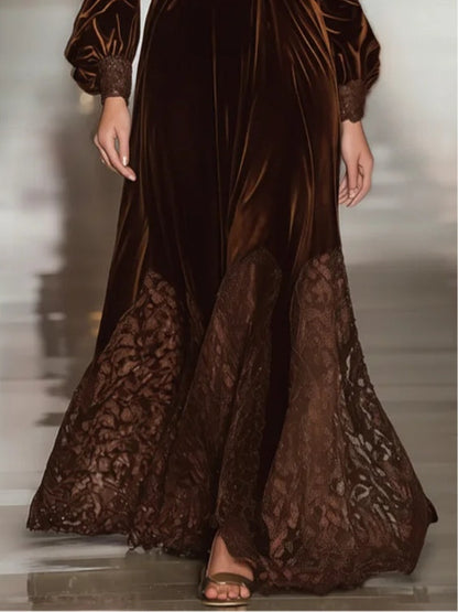 Abiti Maxi in Velluto con Collo Alto e Maniche a Palloncino con Pizzo Patchwork