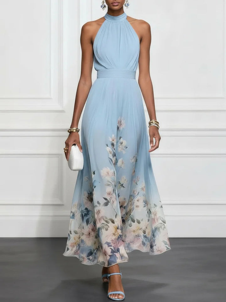 Abito Maxi Senza Maniche con Halter in Chiffon Azzurro Chiaro con Fantasia Floreale