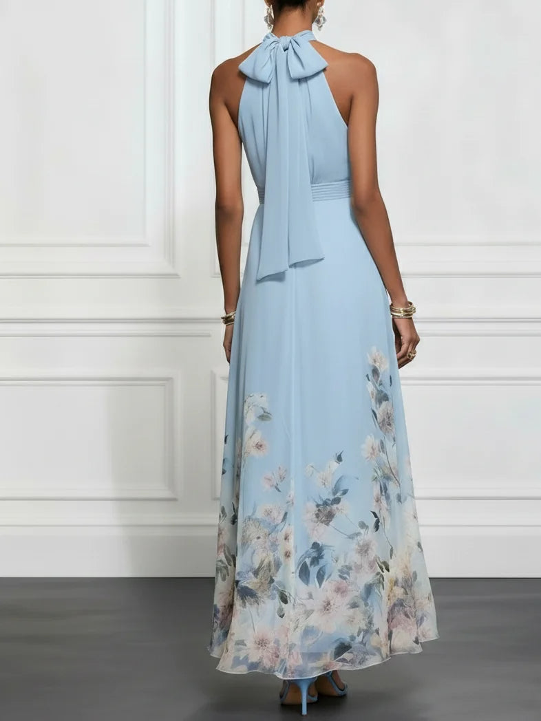 Vestito Maxi Senza Maniche in Chiffon Floreale Azzurro Chiaro