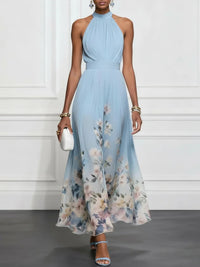 Vestito Maxi Senza Maniche in Chiffon Floreale Azzurro Chiaro