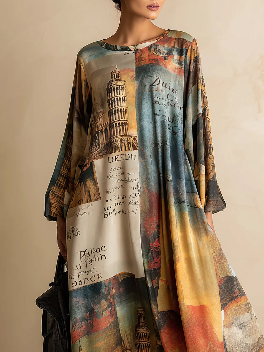 Abito maxi stampato urbano, loose e alla moda
