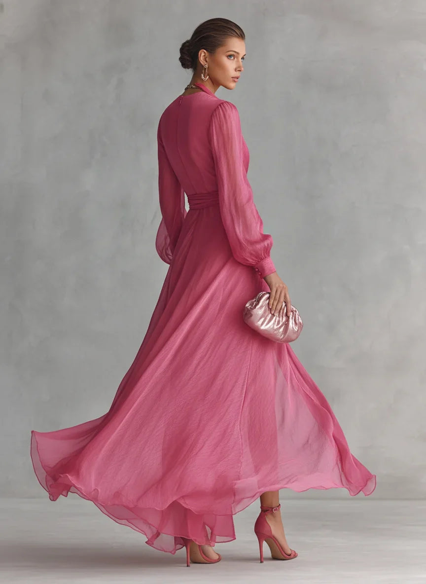 Gloria Vestito Maxi in Chiffon con Scollatura a V