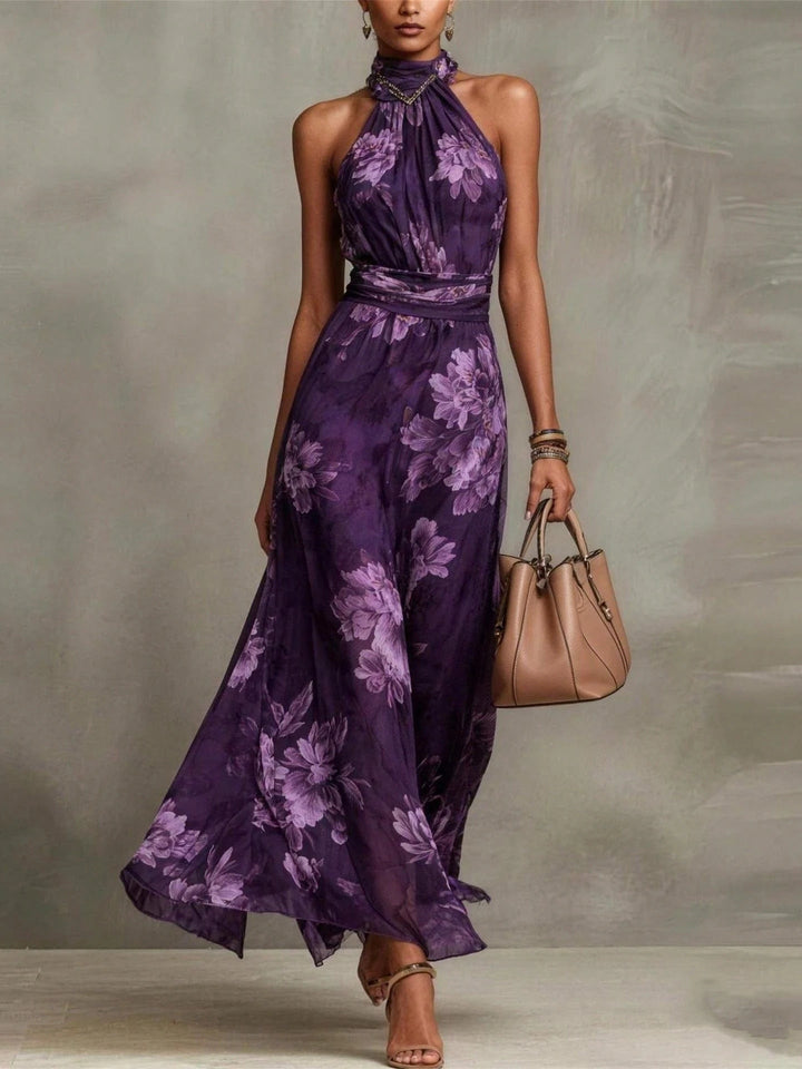 Abito Maxi Halter in Chiffon Verde Floreale