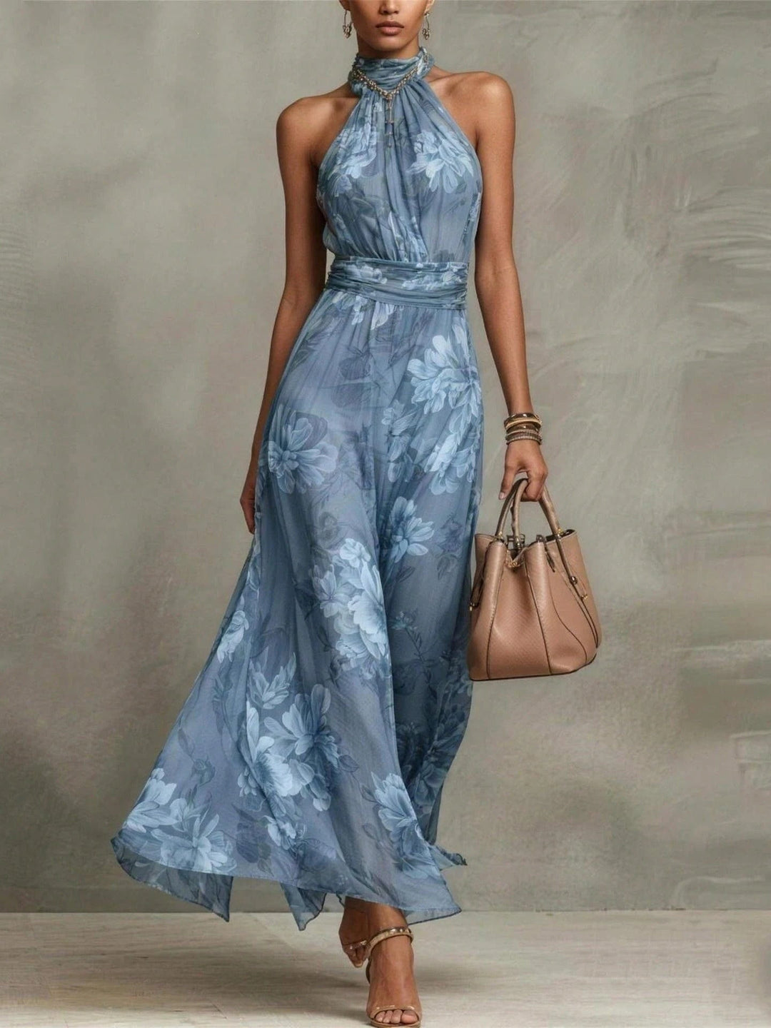 Abito Maxi Halter in Chiffon Verde a Fiori