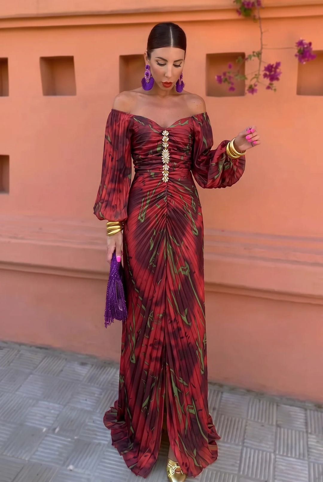 Aitana Vestito Maxi Stampato con Arricciatura Centrale
