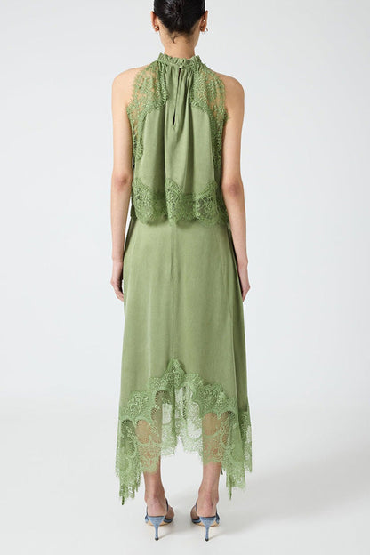 Set Top con Collo Plissettato in Pizzo + Gonna con Fessura Irregolare