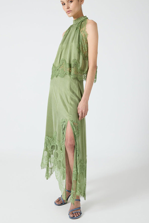 Set Top con Collo Plissettato in Pizzo + Gonna con Fessura Irregolare