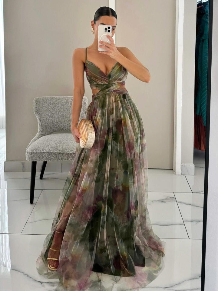 Abito Maxi A-Line V-Neck con Stampa Floreale Elegante